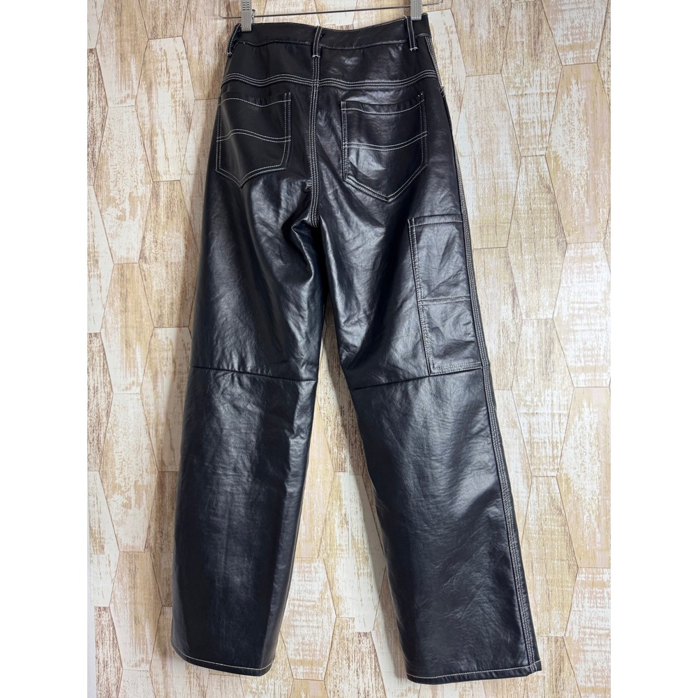 Simonett Kika Pants Black Faux Leather Contrast‎ Stitch Wide Leg XS High Rise